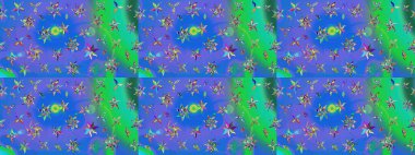 Çok mavi ve yeşil zarif küçük çiçekler ve mavi ve yeşil renkli komik böcekler, raster desen, illüstrasyon.