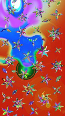 Raster illüstrasyonundaki çiçek desenli çizim. Turuncu ve kırmızı renkte çiçekler.