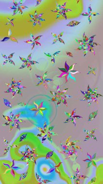 Renkli grunge, koloni ve gri çiçeklerle soyut bir arka plan oluşturur. Parmak izi, kumaş, duvar kâğıdı, tekstil için raster dokusu. Nakış desenli çiçek deseni..