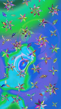 Raster çiçek desenli çiçek deseni, yapraklar, dekoratif elementler, sıçrama, lekeler, el çizimi kontur çizgileri ve Doodle çizim stili, grafik raster çizim çizimi.