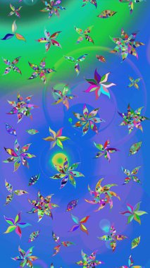 Raster Modaya uygun kumaş deseni. Mavi ve yeşil renkli şirin çiçek desenleri. Düz Çiçek Elementleri Tasarımı. Renkli Bahar Teması çizim şablonu.