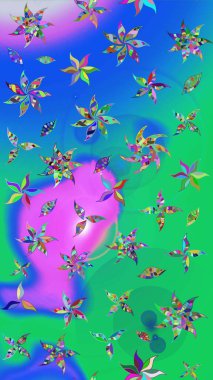 Yumuşak, bahar çiçekleri mavi ve yeşil renklerde. Raster illüstrasyonu. Yaprak ve çiçeklerin suluboya resmi, mavi ve yeşil renkler üzerine çizim şekli.