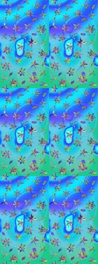 Mavi ve yeşil renkli güzel çiçekli çizim deseni, suluboya çiçek deseni, duvar kağıdı, kart ya da kumaş için fayanslı. Raster..