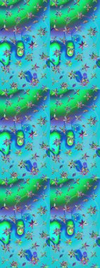 Gömlek baskısı için çiçek boyası. Mavi ve yeşil renkli çiçekler. Çiçek eskiz kalıbı geçmişi.