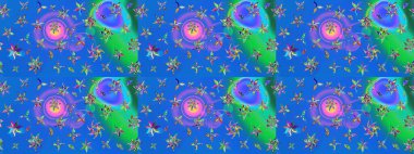 Elle çizilmiş çiçek desenli Raster çizimi. Mavi ve yeşil arka planda. Tekstil, kumaş, ambalaj, hatıra defteri için hoş bir çiçek arkaplanı. Çocuksu tasarım.