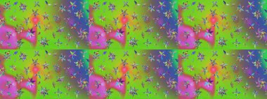 Egzotik çiçekler, yeşil ve mor renkler üzerine botanik ve parlak klasik doğa. Klasik tropikal doğal elementlerin suluboya seti. Raster illüstrasyonu.