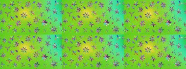 El çizimi çiçekli soyut çizim kalıbı. Yeşil ve sarı renkli çiçekler. Raster illüstrasyonu.