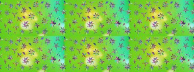 Çiçek desenli çizim. Raster illüstrasyonu. Yeşil ve sarı renkli Asyalı tekstil.