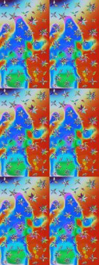 Mavi ve turuncu renkli çiçekler. Gömlek baskısı için çiçek boyası. Çiçek eskiz kalıbı geçmişi.