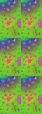 Elle çizilmiş çiçek desenli Raster çizimi. Tekstil, kumaş, ambalaj, hatıra defteri için hoş bir çiçek arkaplanı. Çocuksu tasarım. Yeşil ve mor arka planda.