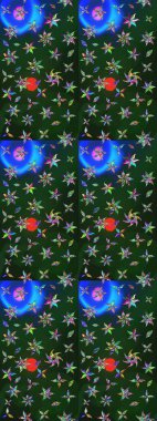 Çiçekler. Vadinin çiçekleri mavi ve yeşil renklerde. Soyut etnik raster çizim kalıbı.