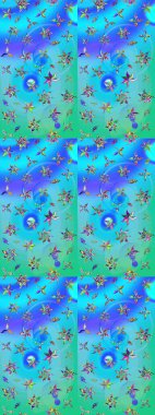 Raster illüstrasyonu. Çiçek süslemeli çizim deseni. Mavi ve yeşil renkte çiçekler.