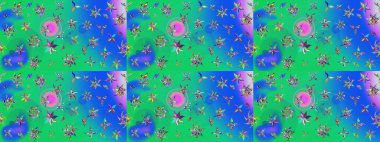 Düz Çiçek Elementleri Tasarımı. Raster Illustrasyon 'daki Çiçek Deseni' nin son moda çizimi. Renkli Yaz Temalı eskiz kalıbı. Mavi ve yeşil renkte çiçekler.