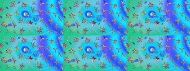 Çiçekli güzel suluboya desen. Mavi ve yeşil renklerde. Raster illüstrasyonu.