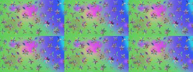 Yeşil ve mor renkli çiçekler. Çiçekli karalama şeklinde Raster çiçek deseni. Nazikçe, güzel çiçek arkaplanı..