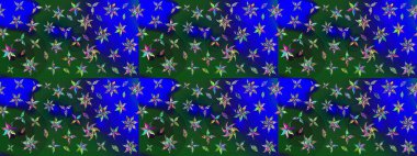 Raster illüstrasyonu. Mavi ve yeşil renklere karalamalar çizilmiş çiçek deseni.