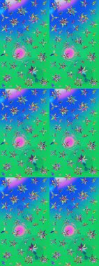 Şirin çiçekli, desenli, yeşil ve mavi renkli renkli bir eskiz. Tekstil için suluboya eskiz deseni. El çizimi çiçek çizimi deseni (fayans)).