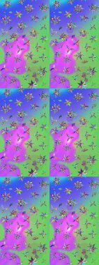 Raster illüstrasyonu. Suluboya tarzında mor ve yeşil renkler üzerinde. Küçük çiçekli bahar deseni çiz.