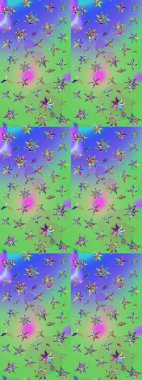 Yeşil ve mor renkli çiçekler. Renkli Bahar Teması eskiz kalıbı. Raster illüstrasyonundaki çiçek desenli çizim. Düz Çiçek Elementleri Tasarımı.