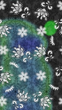 Mavi ve gri renkli küçük çiçekler ve mavi ve gri renkli komik böcekler, raster deseni, illüstrasyon.