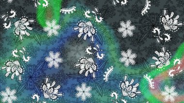 Mavi ve yeşil renkli çiçekler. Hediye ambalaj kağıdı, tebrik kartları, posterler ve pankart tasarımı. Raster düz çiçek çizim deseni.