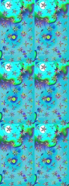 Raster illüstrasyonu. Çiçek desenli çizim. Renkli Bahar Teması eskiz kalıbı. Düz Çiçek Elementleri Tasarımı. Asya tekstil tarzında. Mavi ve yeşil renkte çiçekler.