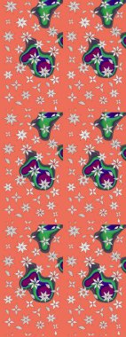 Kumaş, tekstil, duvar kağıdı baskısı için. Renkli desenli eskiz deseni, turuncu ve nötr çiçekler ve dekoratif elementler. Eskiz geçmişi. Raster illüstrasyonu. Antika retro tarzı.