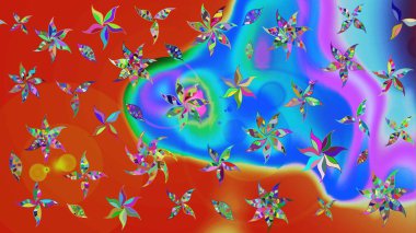 Suluboya çiçekli çiçek deseni. Mavi ve turuncu renkli güzel bir tekstil. Raster illüstrasyonu.