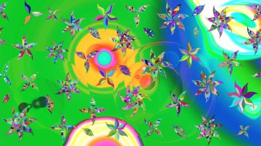 Hediye ambalaj kağıdı, tebrik kartları, posterler ve pankart tasarımı. Raster düz çiçek çizim deseni. Yeşil ve mavi renkte çiçekler.