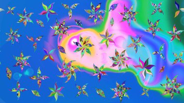 Raster. Mavi ve yeşil renkli güzel çiçekli eskiz deseni, suluboya çiçek deseni, duvar kağıdı, kart veya kumaş için fayanslı.