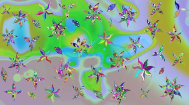 Yeşil ve nötr renklerde. 3D çiçekler, eskiz. Raster illüstrasyonu.