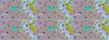 Modaya uygun kumaş deseni. Renkli Yaz Temalı eskiz kalıbı. Sevimli çiçek raster deseni. Düz Çiçek Elementleri Tasarımı.