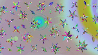 Tarafsız ve gri renklerde bahar çiçekleri. Raster illüstrasyonu. Patlayan çiçekler soyut olarak yerleştirilmiş. Raster deseni.