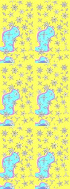 Raster illüstrasyonundaki çiçek desenli çizim. Sarı ve mavi renkte çiçekler.