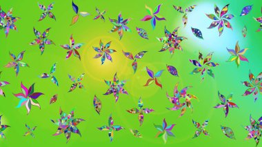 Raster illüstrasyonu. Yaprak ve çiçeklerin suluboya resimleri, yeşil ve mavi renkler üzerine çizimler. Yeşil ve mavi renklerde bahar çiçekleri..