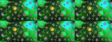 Yeşil ve mavi renkte çiçekler. Kumaş desenli papatya çiçekleri ayrıntıları.