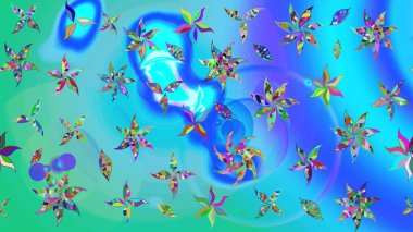 Raster illüstrasyonu. Mavi ve yeşil renklerde. 3D çiçekler, çizim.