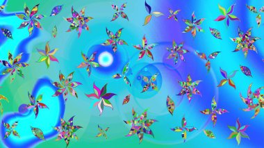 Çiçekler suluboya tarzında mavi ve yeşil renklerde. Suluboya çizim kalıbı. Çiçek izi.