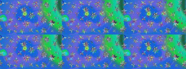 Raster illüstrasyonu. Tropik çiçek desenleri. Mavi ve yeşil renkte çiçekler.