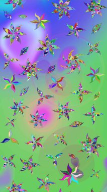 Elle çizilmiş çiçek desenli Raster çizimi. Çocuksu tasarım. Tekstil, kumaş, ambalaj, hatıra defteri için hoş bir çiçek arkaplanı. Yeşil ve mor arka planda.