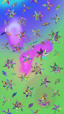 Çiçekli ipek eşarp. 1950-1960 motifleri. Retro tekstil tasarım koleksiyonu. El çizimi çiçek unsurları olan soyut çizim raster deseni. Yeşil ve menekşe yeşil ve mor.