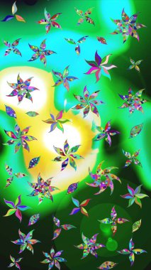 Yeşil ve mavi renkte çiçekler. Raster illüstrasyonunda çiçek deseni çizimi.