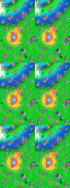 Yeşil ve mavi el çizimi desen. Sanat ilham verici ve mavi renkli çiçekler ve arkasında iz bırakıyor. Raster deseni. Karalama çiçekleri çizim deseni.