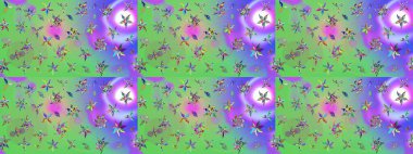 Renkli Bahar Teması eskiz kalıbı. Düz Çiçek Elementleri Tasarımı. Yeşil ve mor renkli çiçekler. Raster illüstrasyonunda çiçek deseni çizimi.