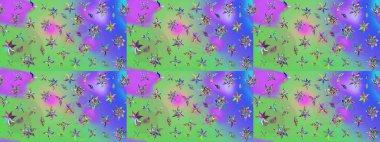 Tekrarlayan çiçek arkaplanı, zarif yeşil ve menekşe çiçekli duvar kağıdı. Yeşil ve mor renkler üzerine çiçek desenli çizimler, el yapımı papatyalar, papatyalar..