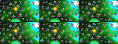 Çiçek desenli eskiz, darbeler, sıçramalar, yaz çiçekleri. Raster illüstrasyonu. Yeşil ve mavi renkte çiçekler.