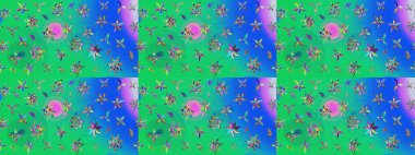 Yeşil ve mavi renkte çiçekler. Sevimli çiçek raster deseni. Renkli Bahar Teması eskiz kalıbı. Düz Çiçek Elementleri Tasarımı.