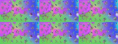 Parlak renkli çiçekleri ve mor ve yeşil renkli yaprakları olan harika bir çiçek deseni. Moda baskıları için zarif bir şablon. Halk tarzı. Modern çiçek arkaplanı.