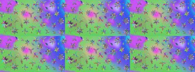 Tekrarlayan çiçek arkaplanı, zarif yeşil ve menekşe çiçekli duvar kağıdı. Yeşil ve mor renkler üzerine çiçek desenli çizimler, el yapımı papatyalar, papatyalar..