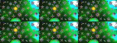 Çiçek desenli eskiz, darbeler, sıçramalar, yaz çiçekleri. Raster illüstrasyonu. Yeşil ve mavi renkte çiçekler.